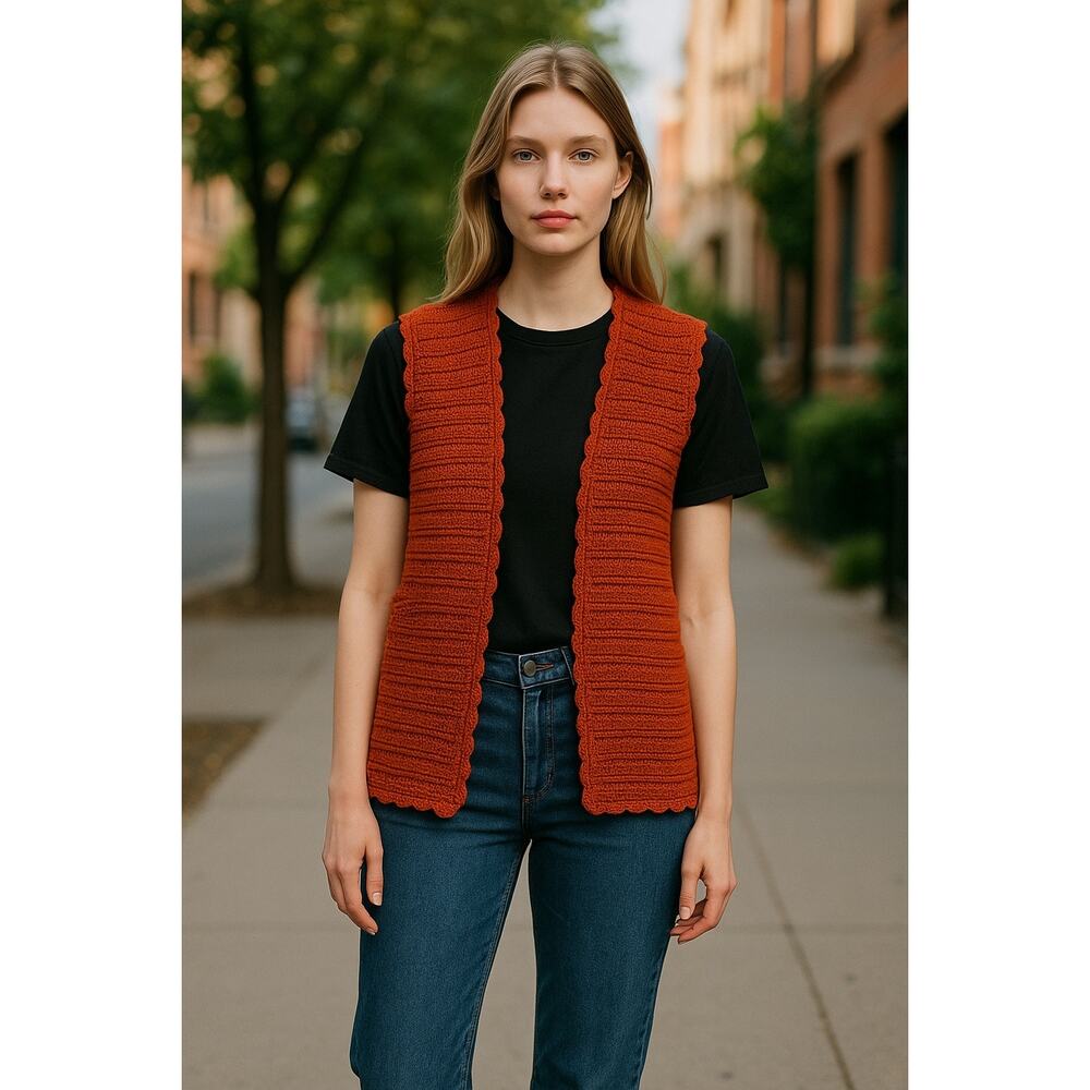 Vintage Women’s Grandmacore Hand Knit Open Cardigan Vest Orange Cozy Fall L - Picture 2 of 5